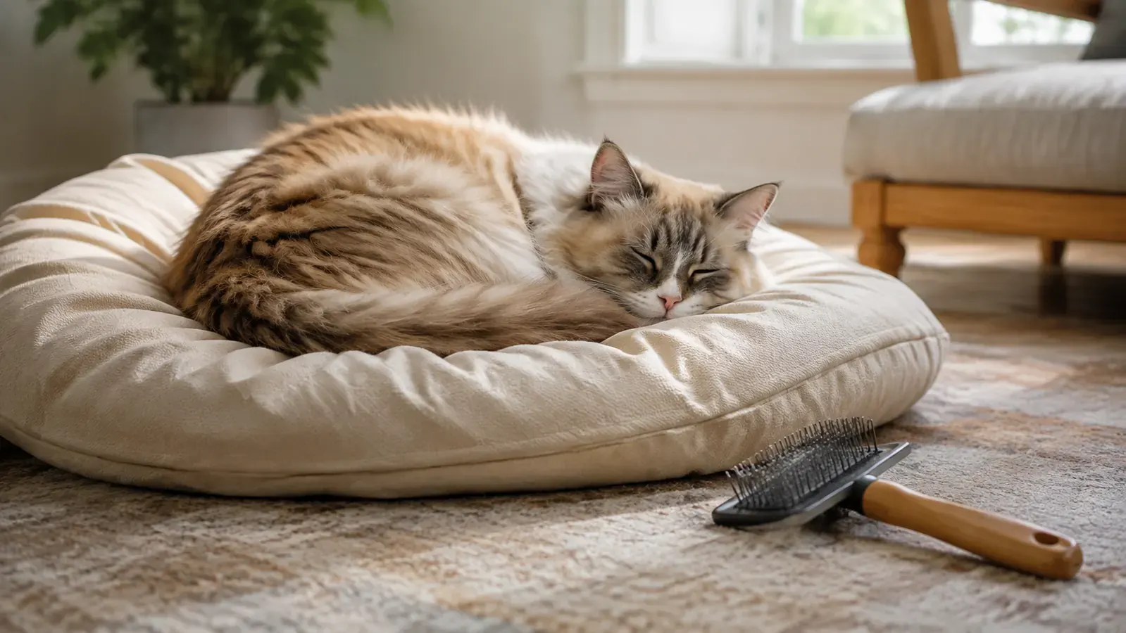 A relaxed fluffy cat napping on a cushion in a tidy living room with the grooming rake resting nearby
