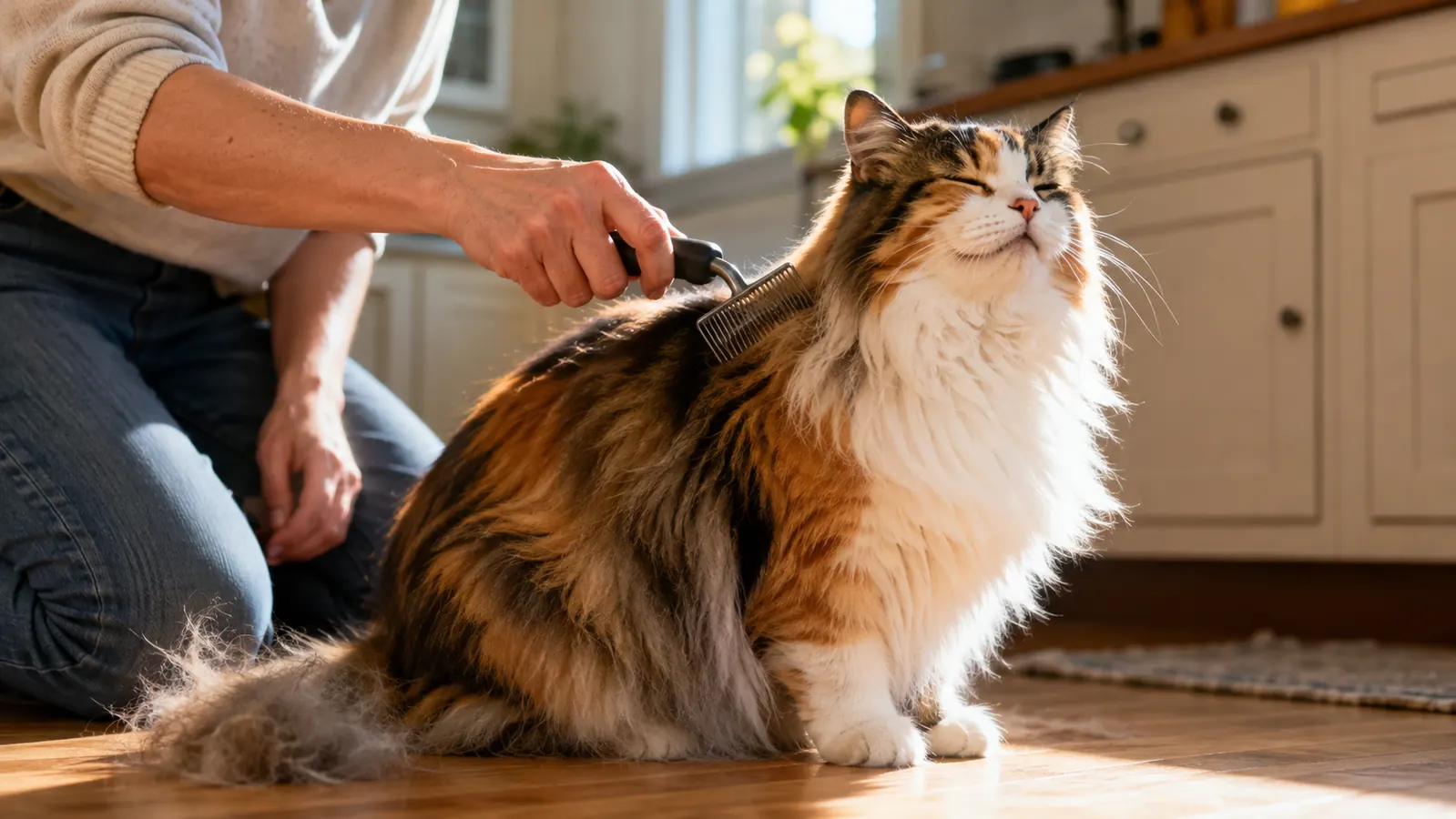 A fluffy long-haired cat being brushed on a kitchen floor, with a small mound of fur beside it