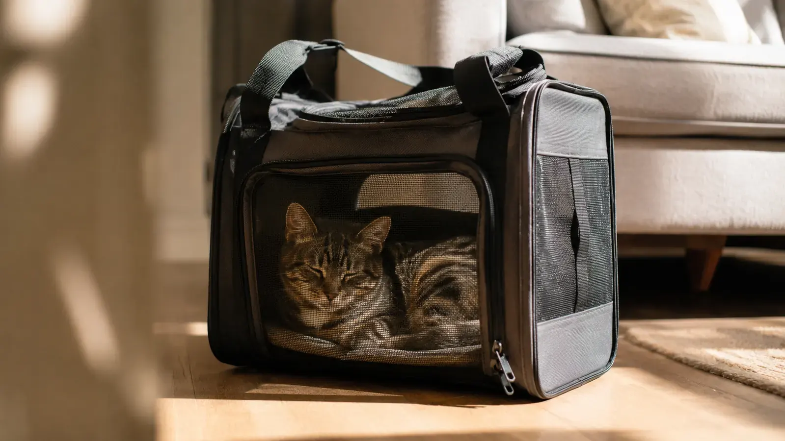 A calm tabby cat curled up and dozing inside a soft-sided carrier on a living room floor