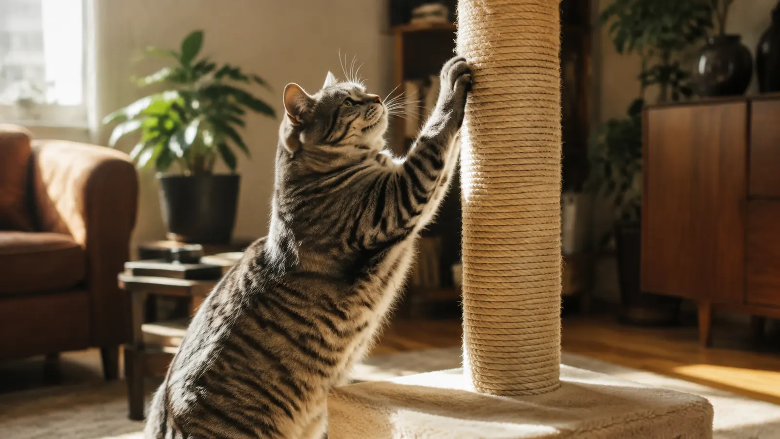 A gray tabby cat stretching tall and scratching a sturdy sisal scratching post in a sunlit living room