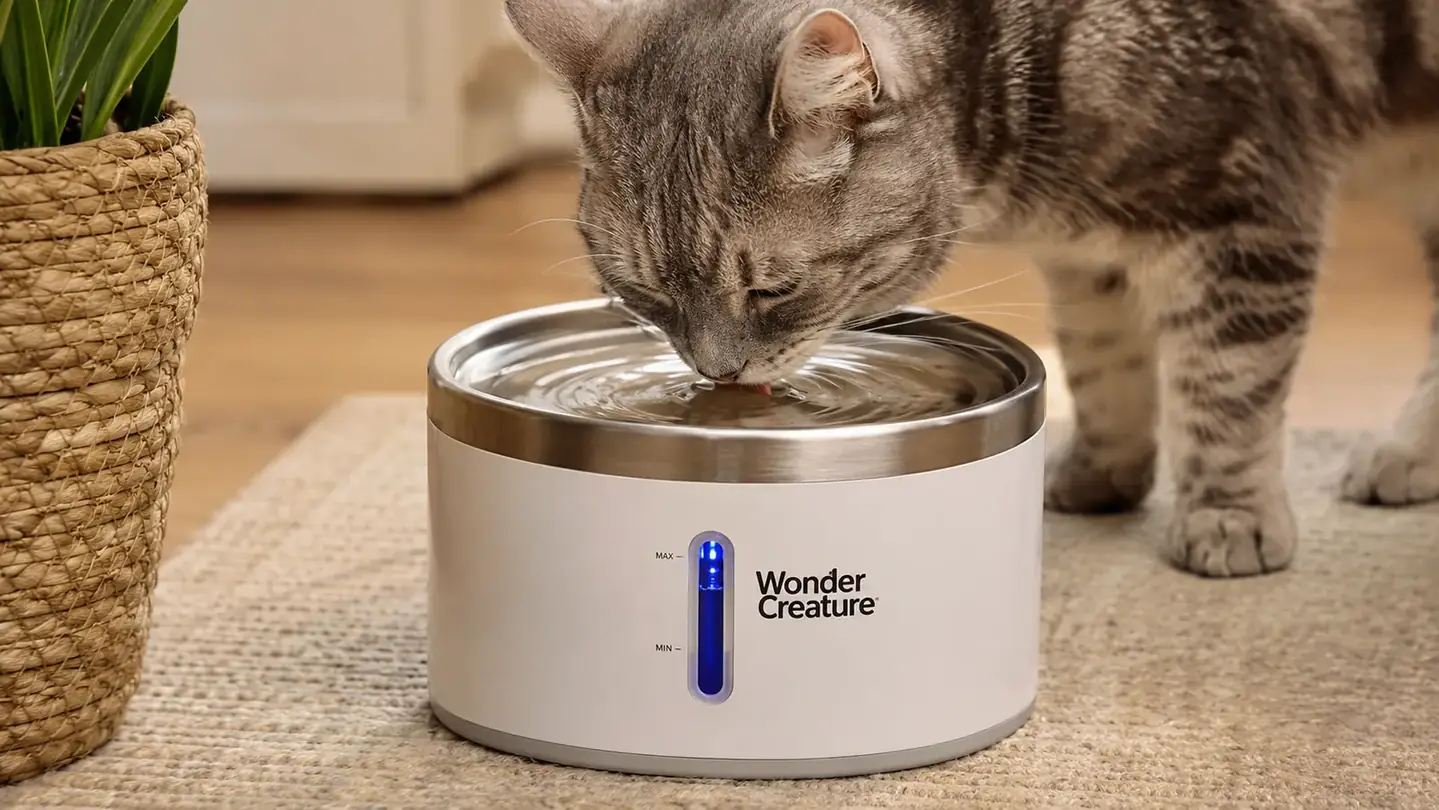 Close view of a cat's whiskers as it drinks from the stainless steel lid of a water fountain