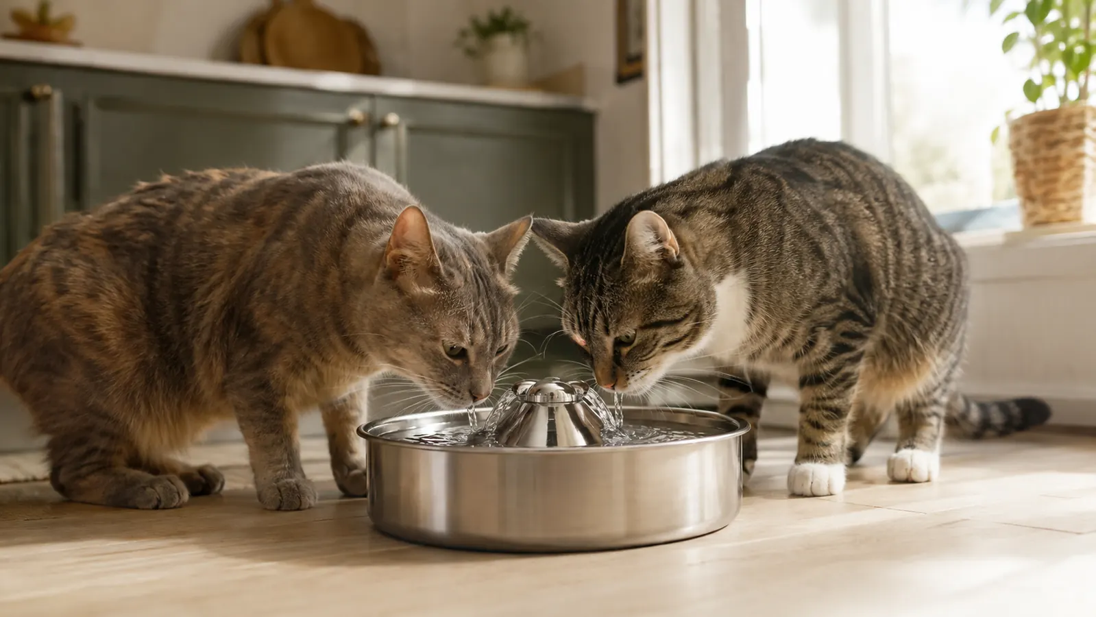 Two cats drinking from a modern stainless steel pet water fountain on a kitchen floor in warm morning light