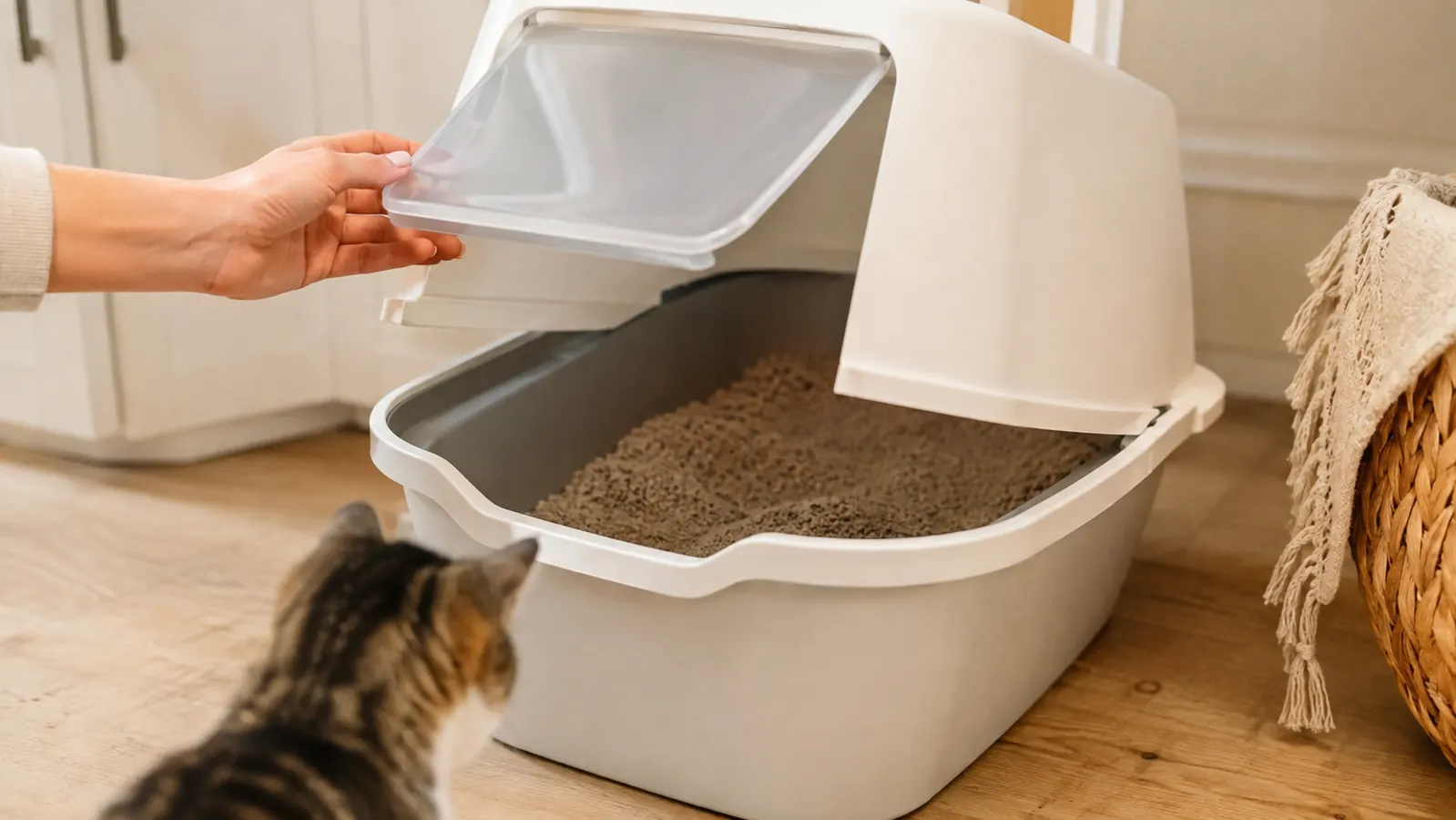 A woman's hand lifting the hood of a white enclosed litter box to check the litter inside