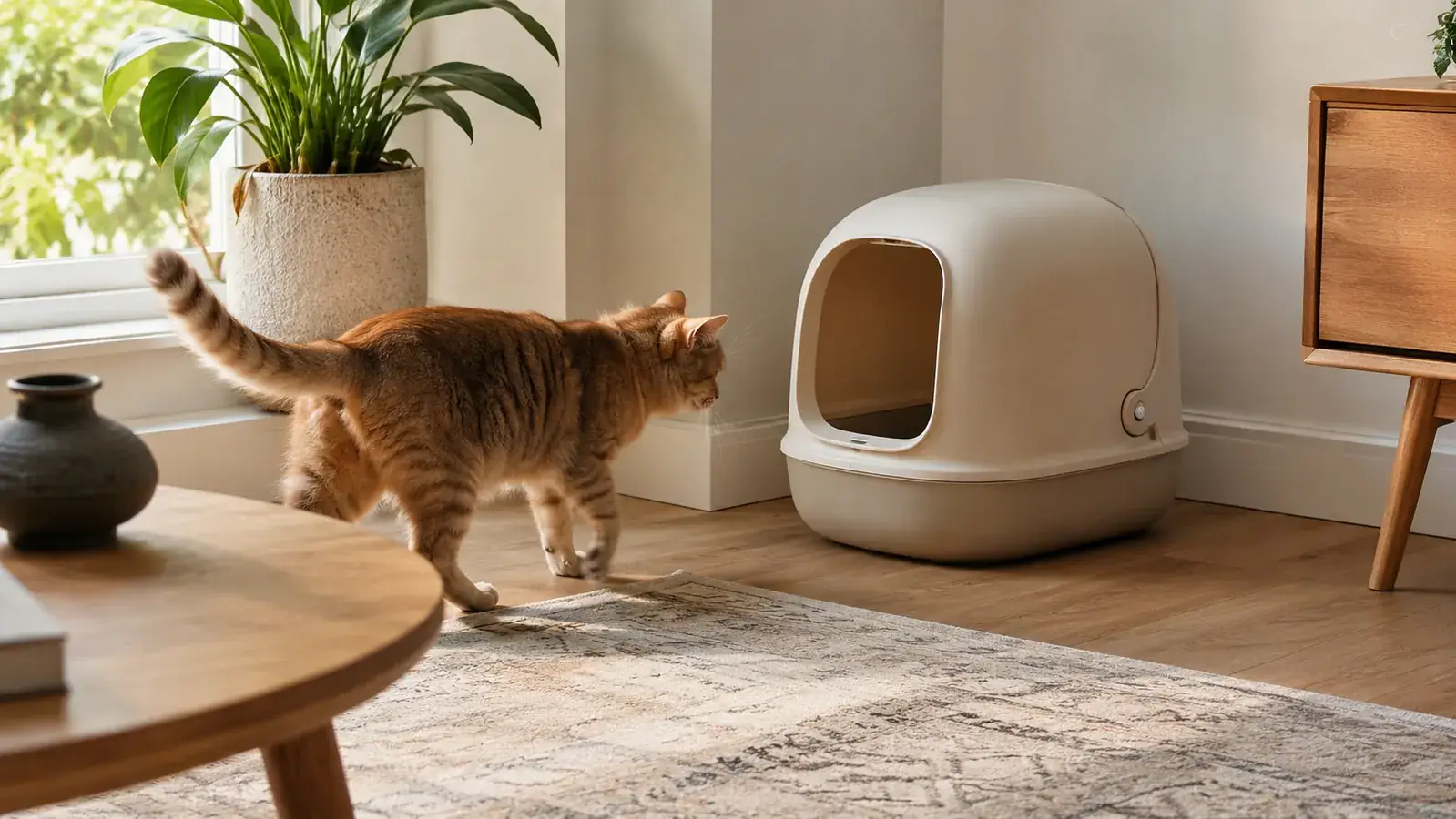 A covered hooded litter box tucked into the corner of a bright, tidy living room