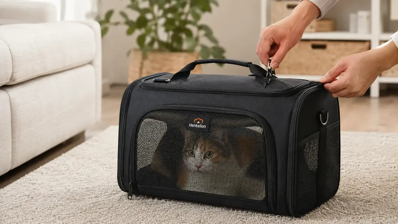 Hands zipping a soft-sided black carrier shut with a calico cat looking out the mesh window