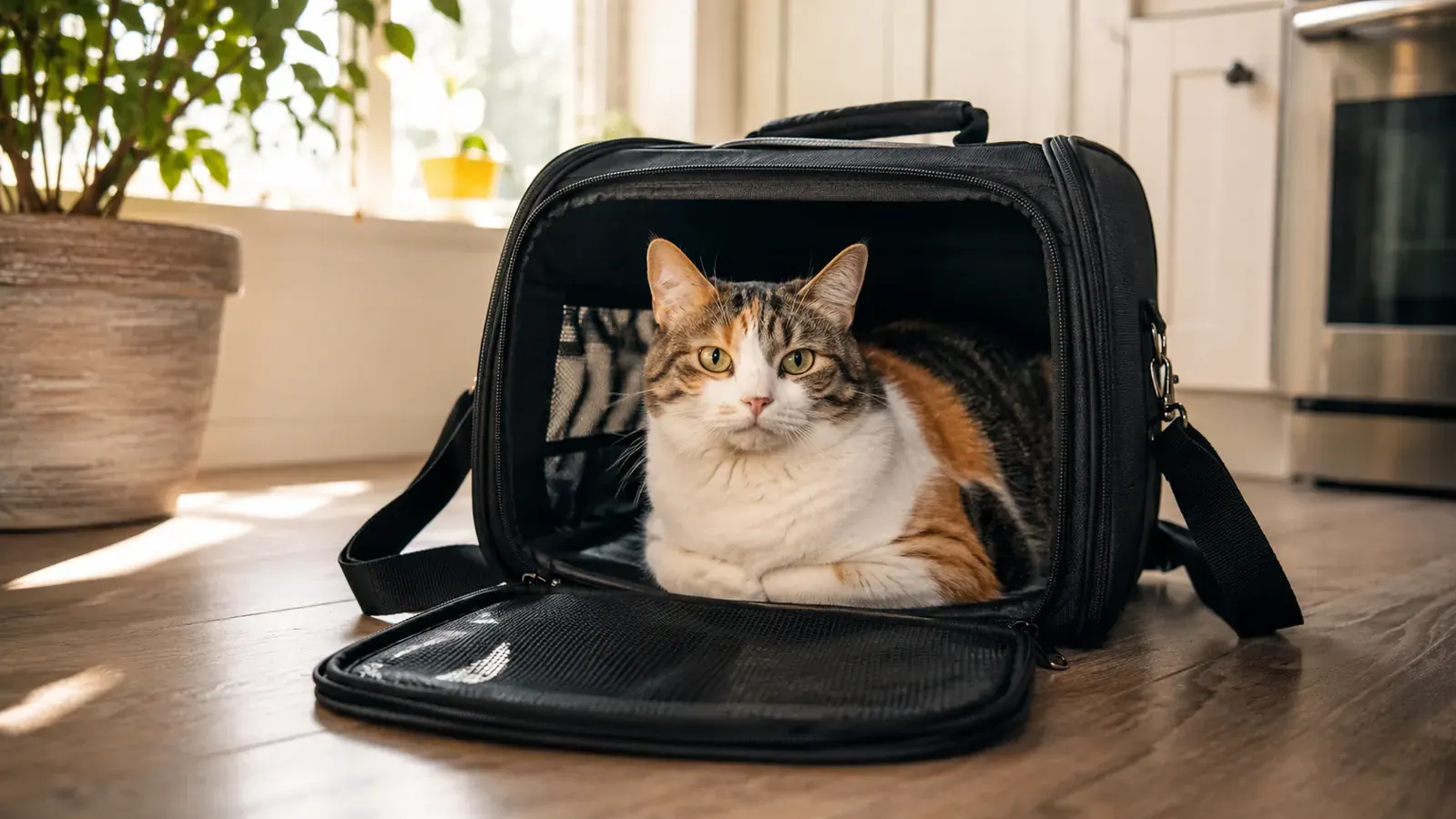 A calico cat sitting calmly inside a soft-sided black carrier on a bright kitchen floor