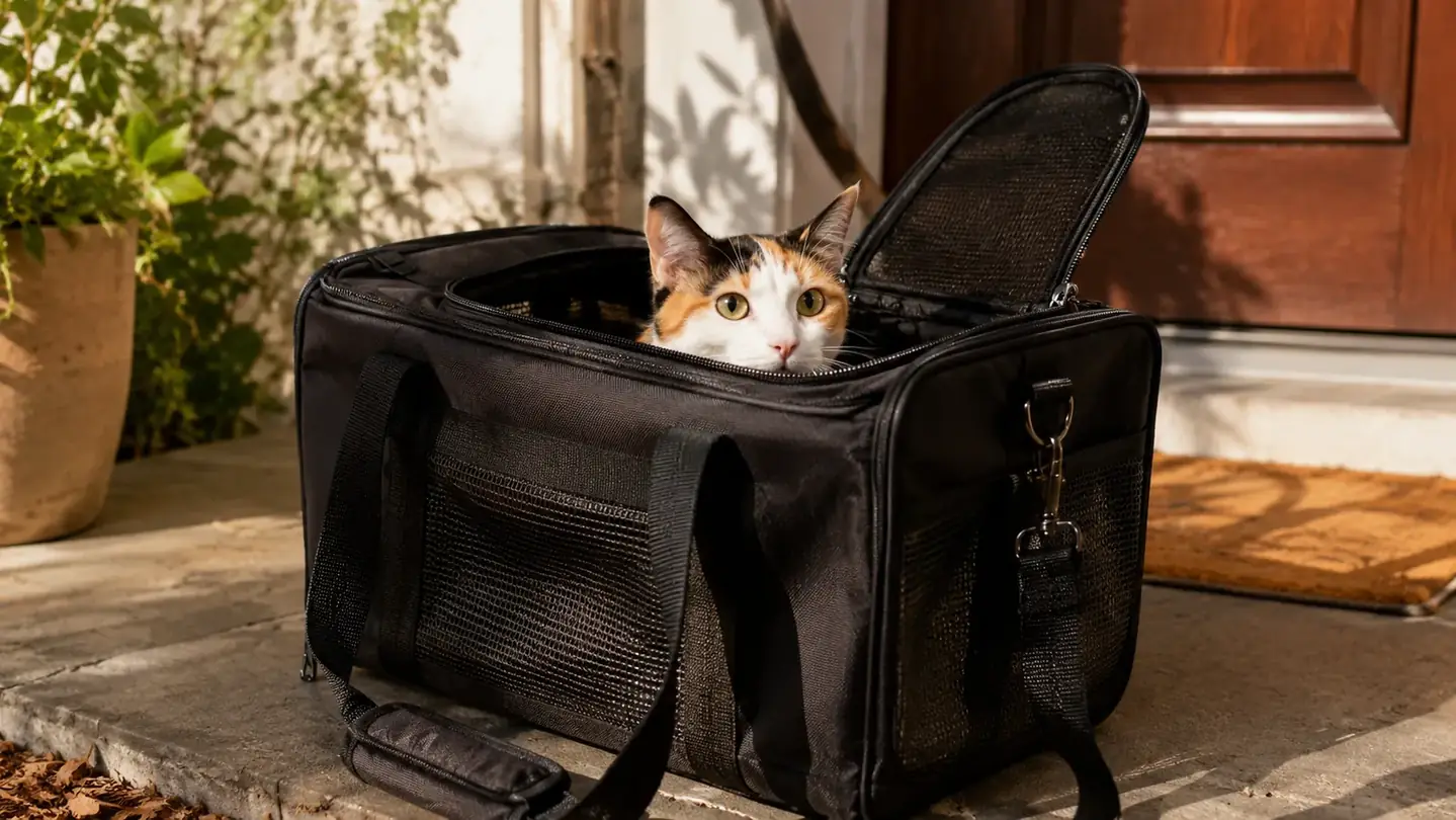 A black soft-sided cat carrier resting on a doorstep in morning light, top panel open with a calico cat peeking out