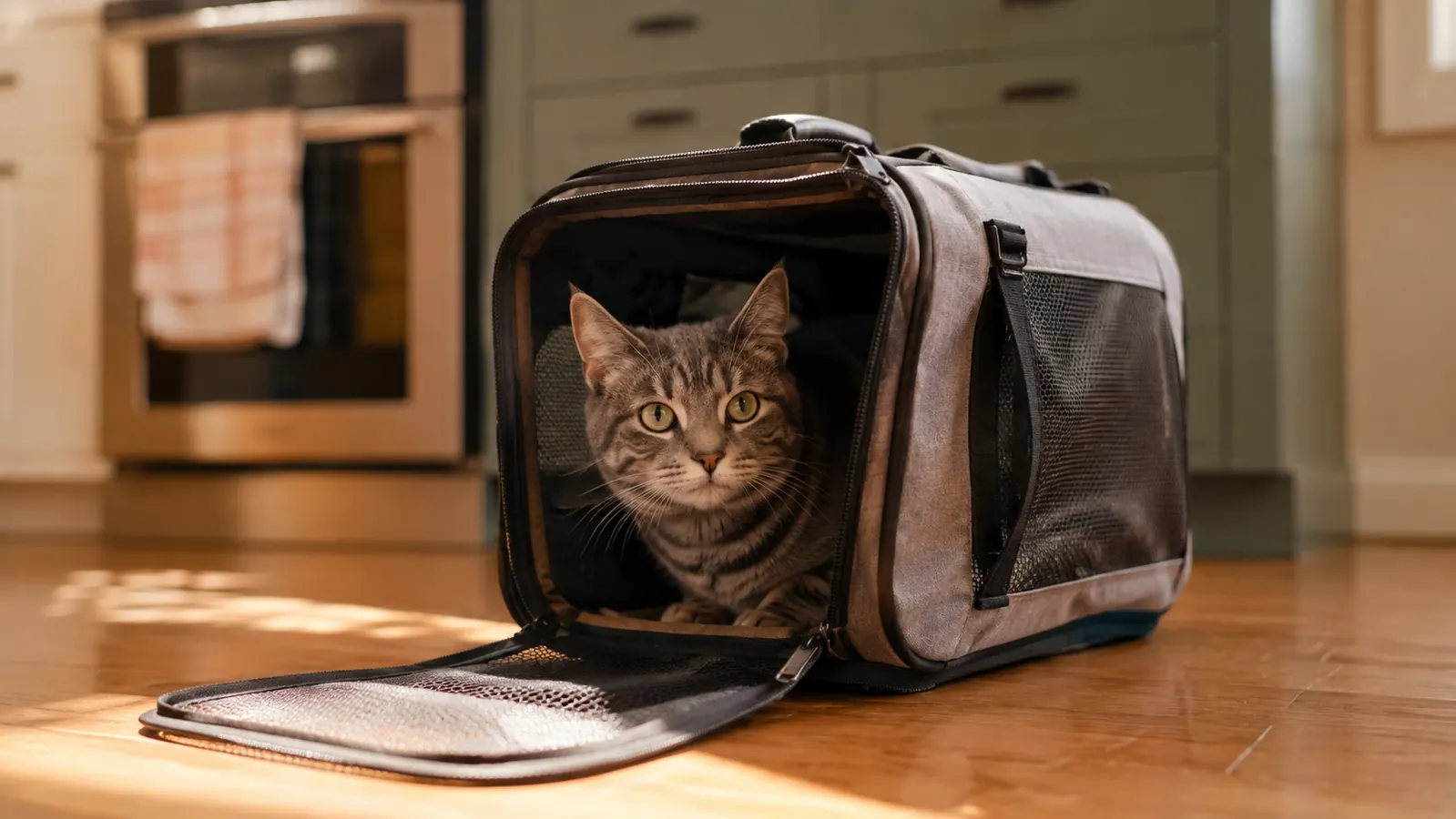 A soft-sided gray cat carrier sitting open on a kitchen floor, with a gray tabby peeking its head out at the edge