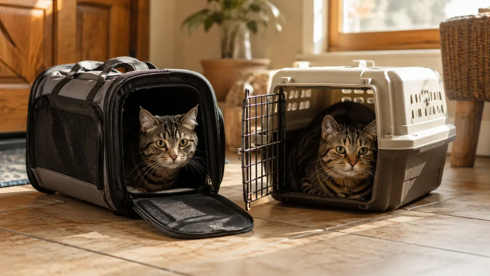 Two cat carriers side by side on a home entry floor: a soft-sided fabric carrier and a hard plastic crate