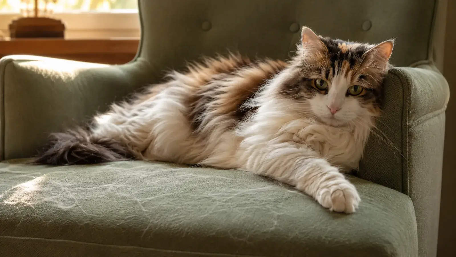 A long-haired white and tortoiseshell cat lounging on a sage green armchair, loose fur settled softly on the cushion, warm evening light through a window