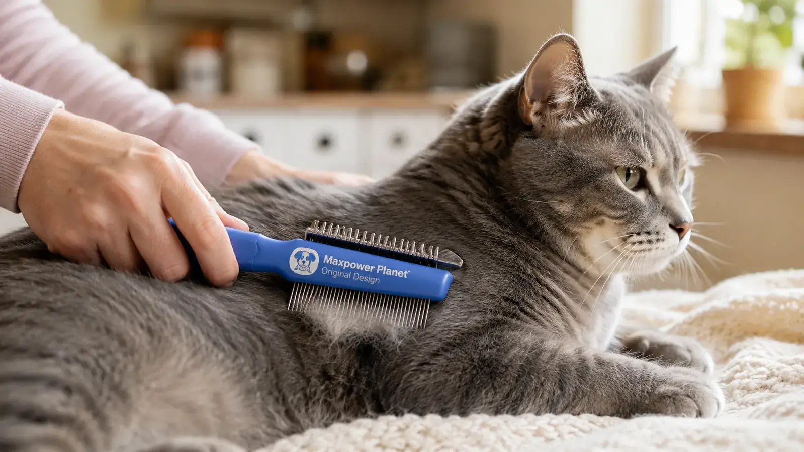 A hand drawing a blue double-sided deshedding rake through the flank fur of a calm gray shorthair cat, loose gray undercoat catching between the teeth