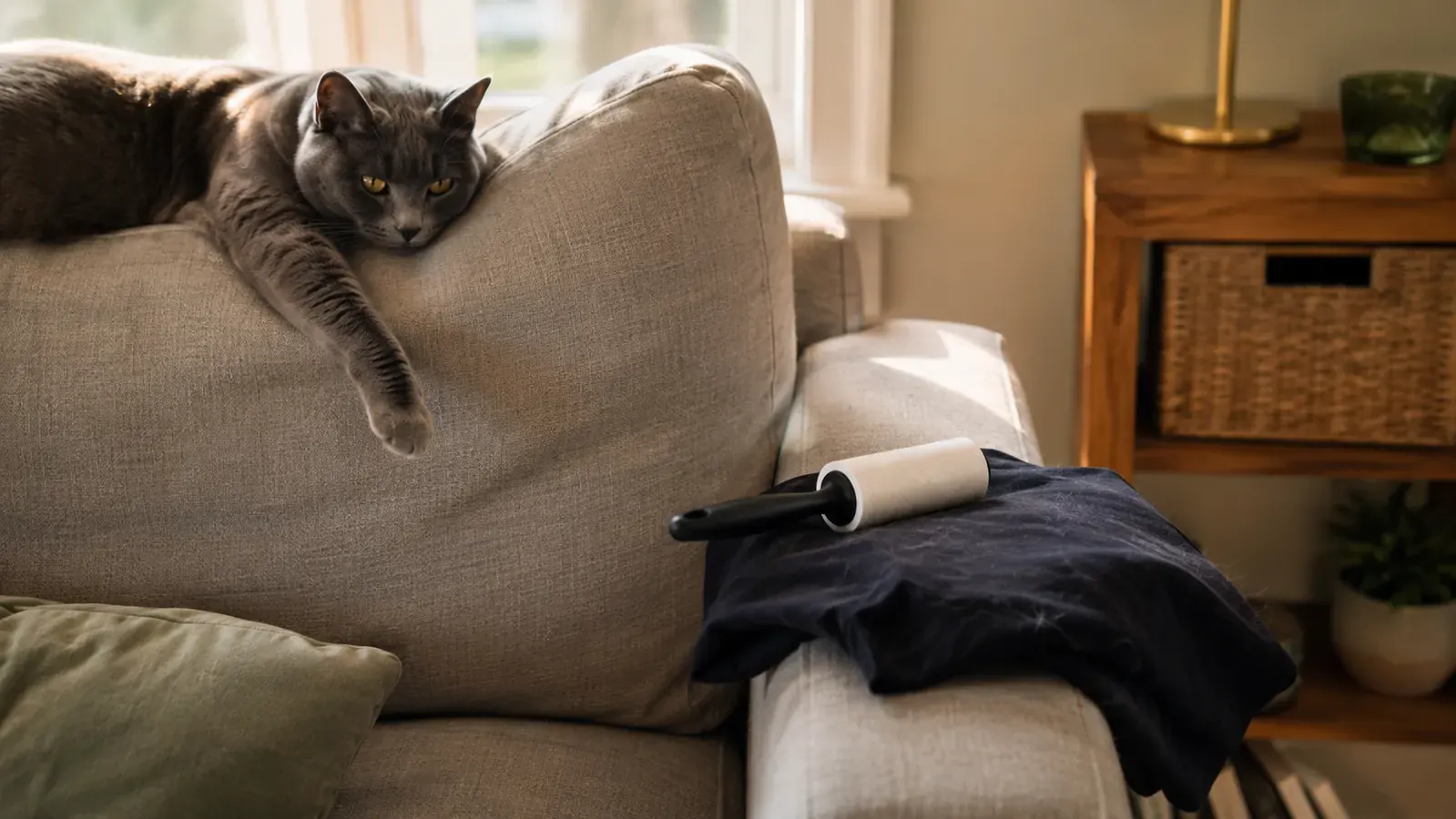 A gray shorthair cat lounging on the back of a linen sofa in warm afternoon light with a lint roller resting on the armrest