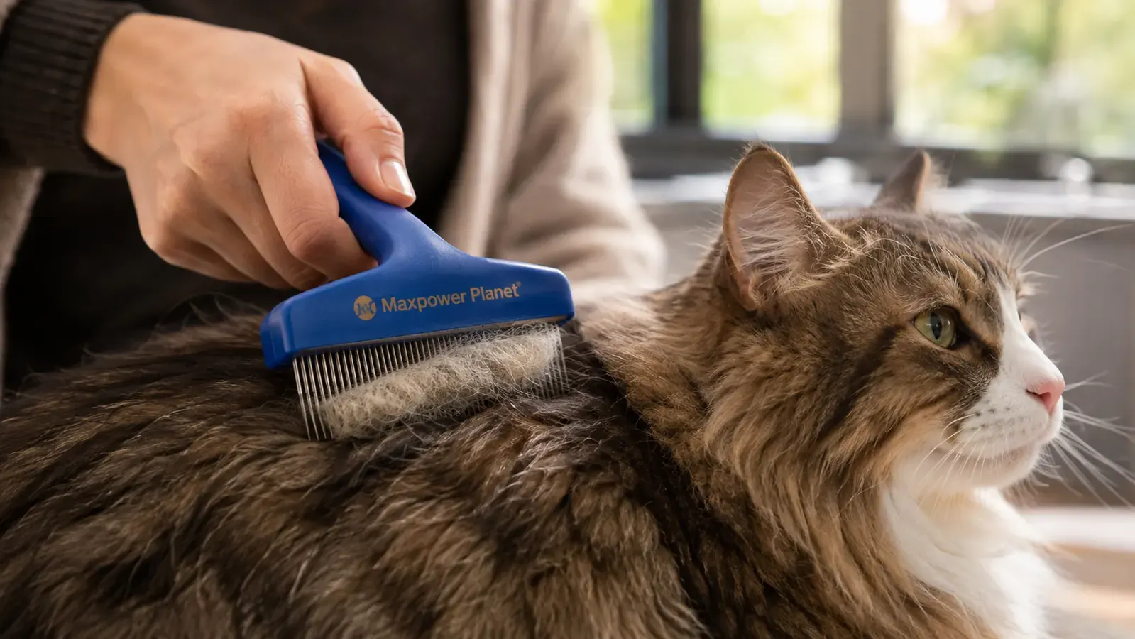 A hand drawing a blue double-sided deshedding rake through the long back fur of a relaxed cat, loose undercoat catching in the teeth