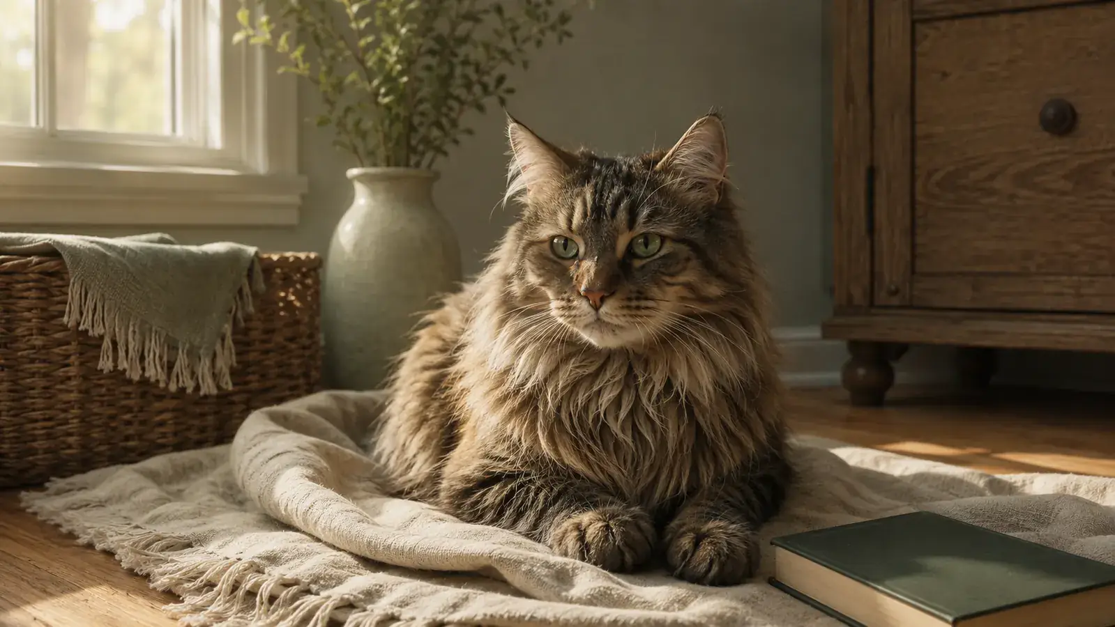 A calm long-haired cat sitting on a folded cream blanket in soft morning light in a cozy living room