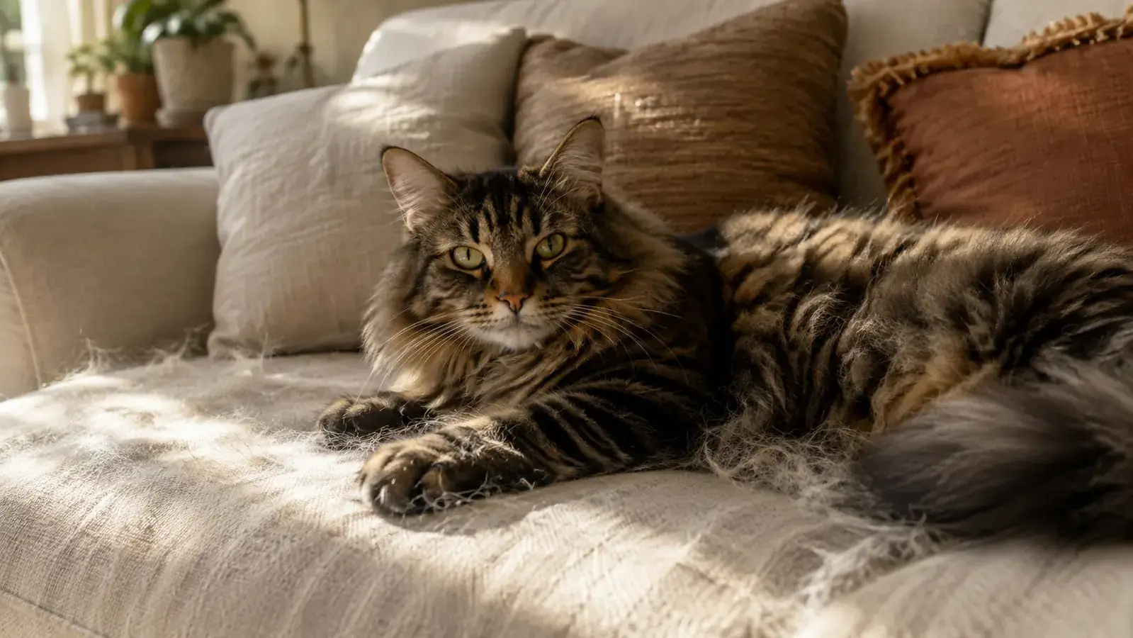 A long-haired tabby cat lying on a linen couch while its loose undercoat drifts onto the fabric