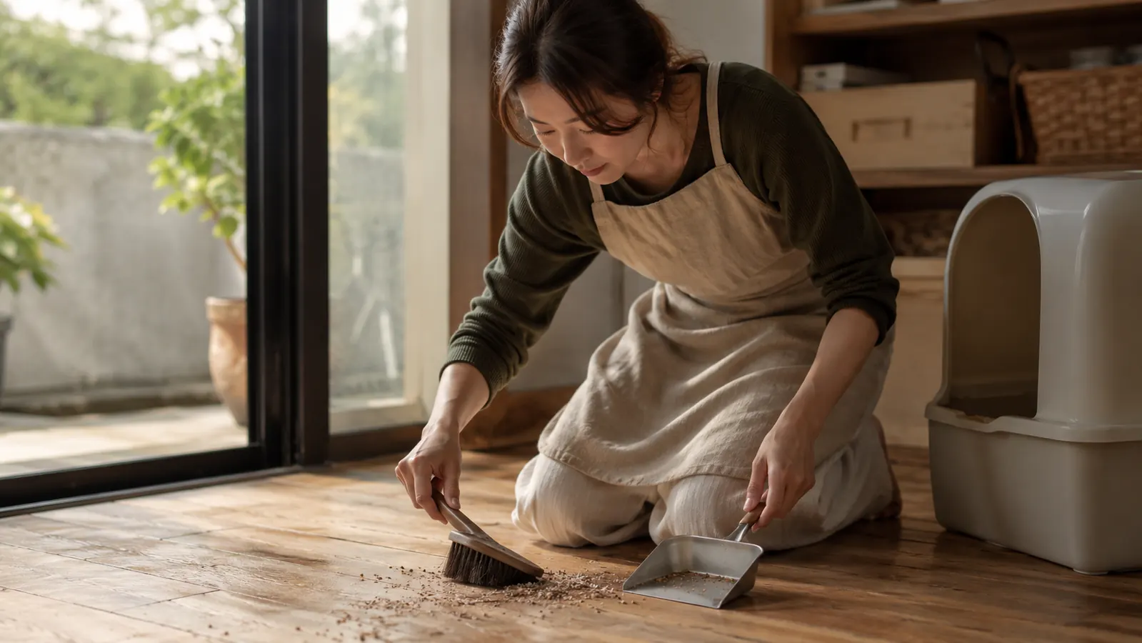 A woman in an apron kneeling and wiping scattered litter granules off a wood floor beside the hooded box with a small dustpan