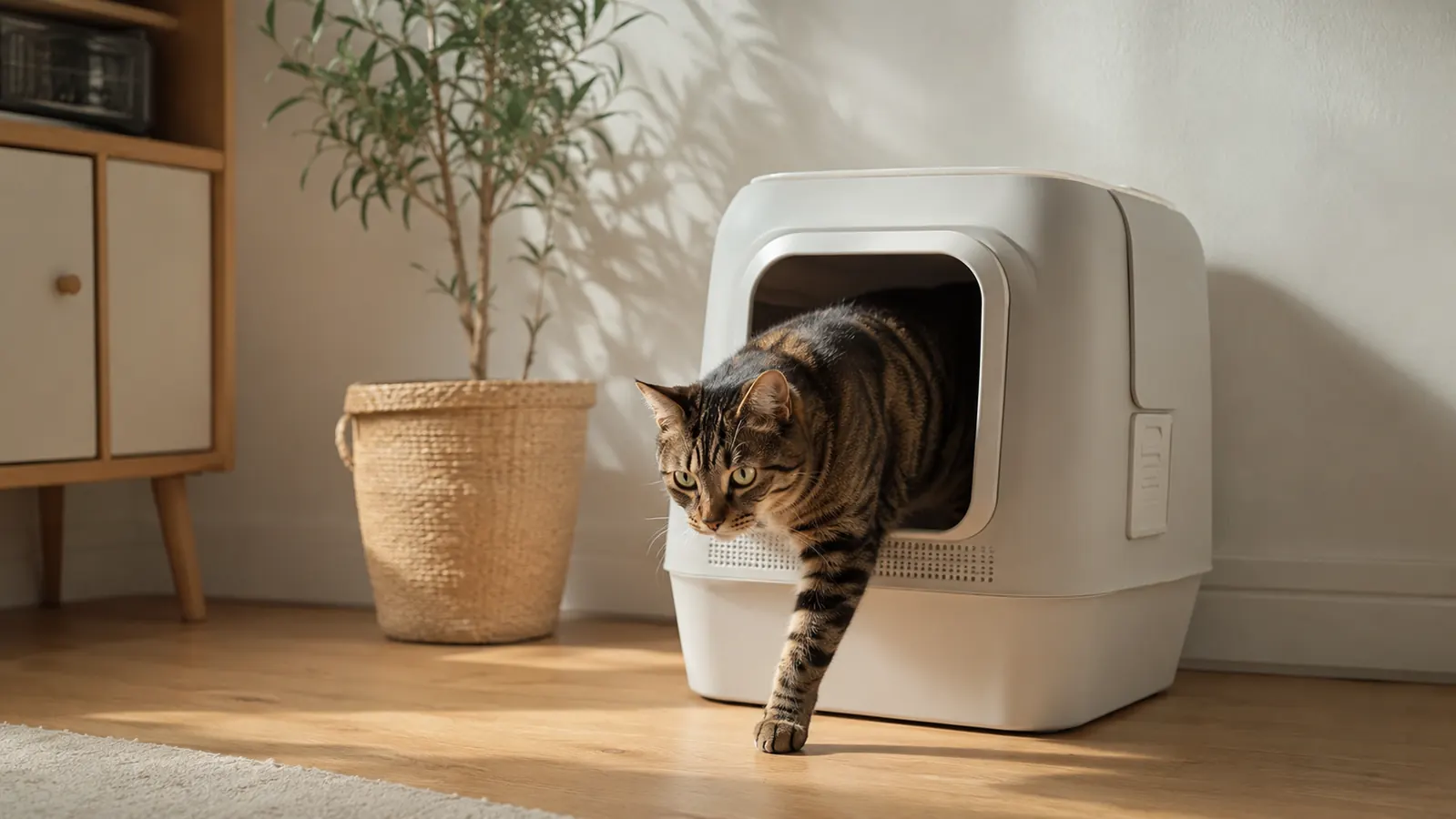 A hooded enclosed cat litter box sitting in the corner of a bright small apartment living room, a tabby cat emerging from the swinging door