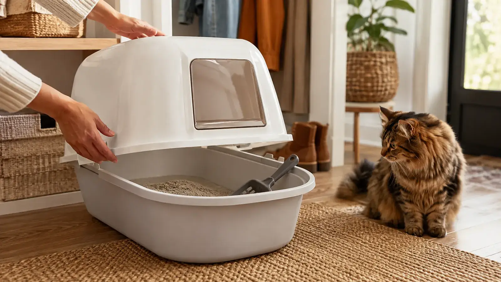 A hand lifting the hinged lid of the Amazon Basics hooded litter box to clean, a litter scoop resting inside the visible base