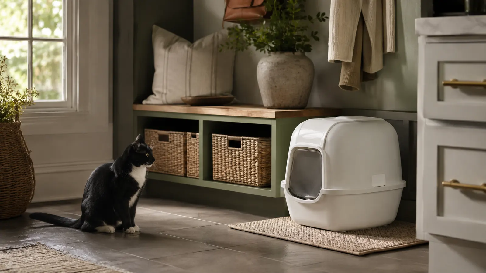 A white hooded cat litter box with a swinging door in a tidy mudroom nook off a kitchen, a tuxedo cat sitting a few feet away watching it warily in soft morning light