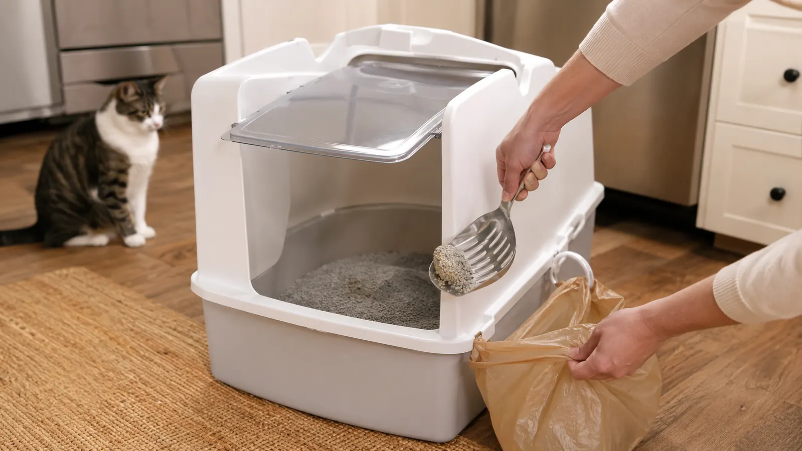 Open hands scooping a litter clump out of a white hooded litter box into a grocery bag hooked to the side ring, hood pivoted open and the base fully visible.