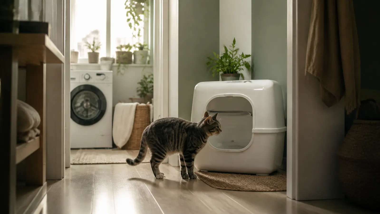 A grey tabby cat pauses at the swinging door of a white hooded enclosed litter box in a tidy apartment hallway, soft morning light, laundry nook behind.
