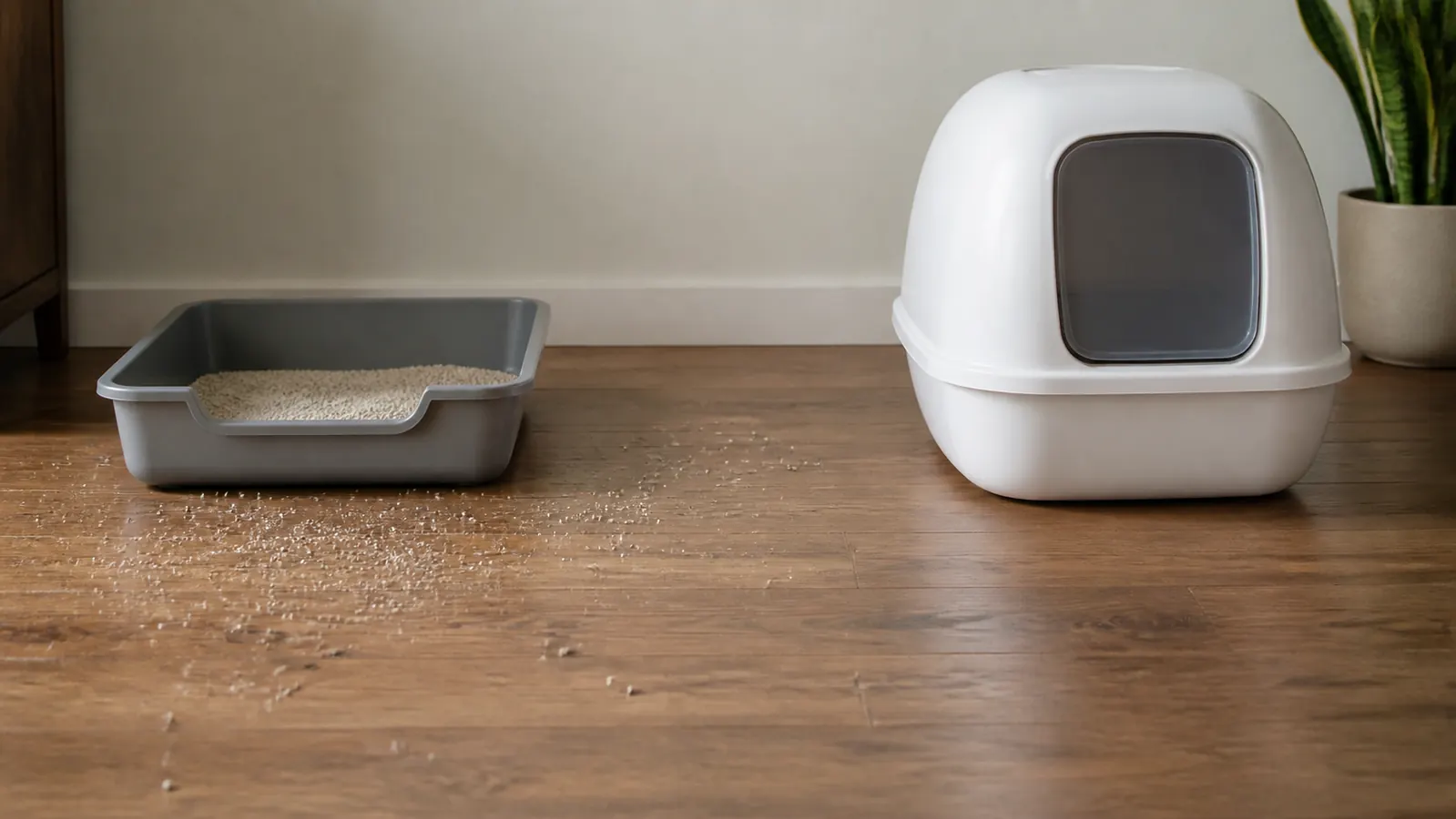 Side by side: an open litter tray with granules scattered on the floor next to a tidy enclosed hooded box with a clean floor around it