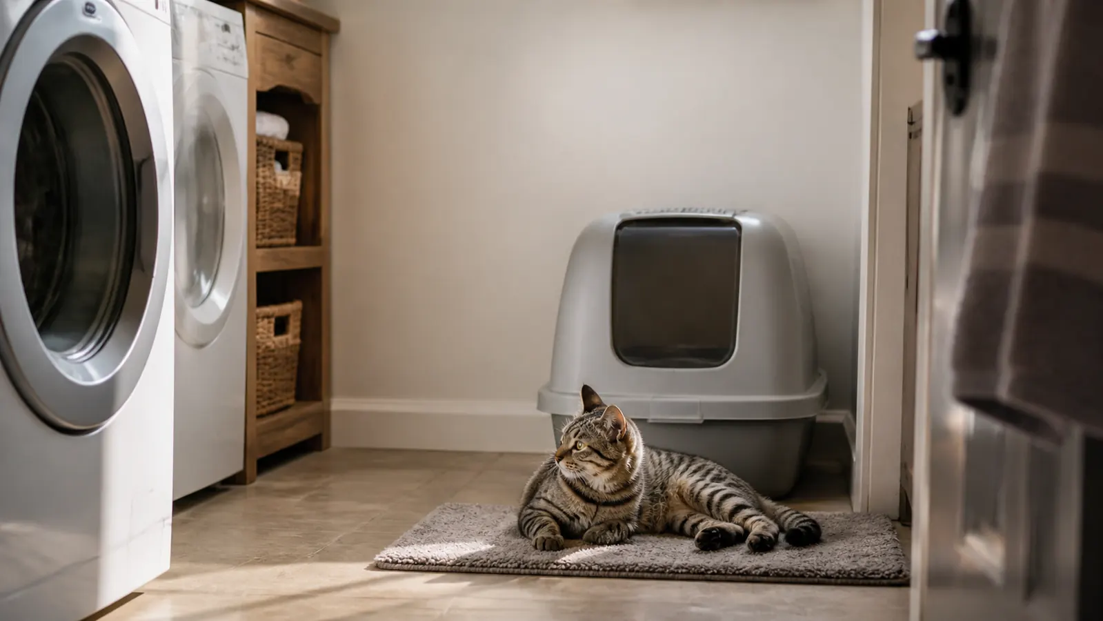 A hooded enclosed litter box sitting in the corner of a bright laundry room, a tabby cat resting on a soft mat nearby