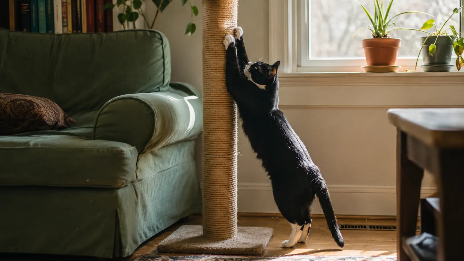 A tuxedo cat stretches up a tall beige sisal scratching post beside a green couch in a sunlit living room