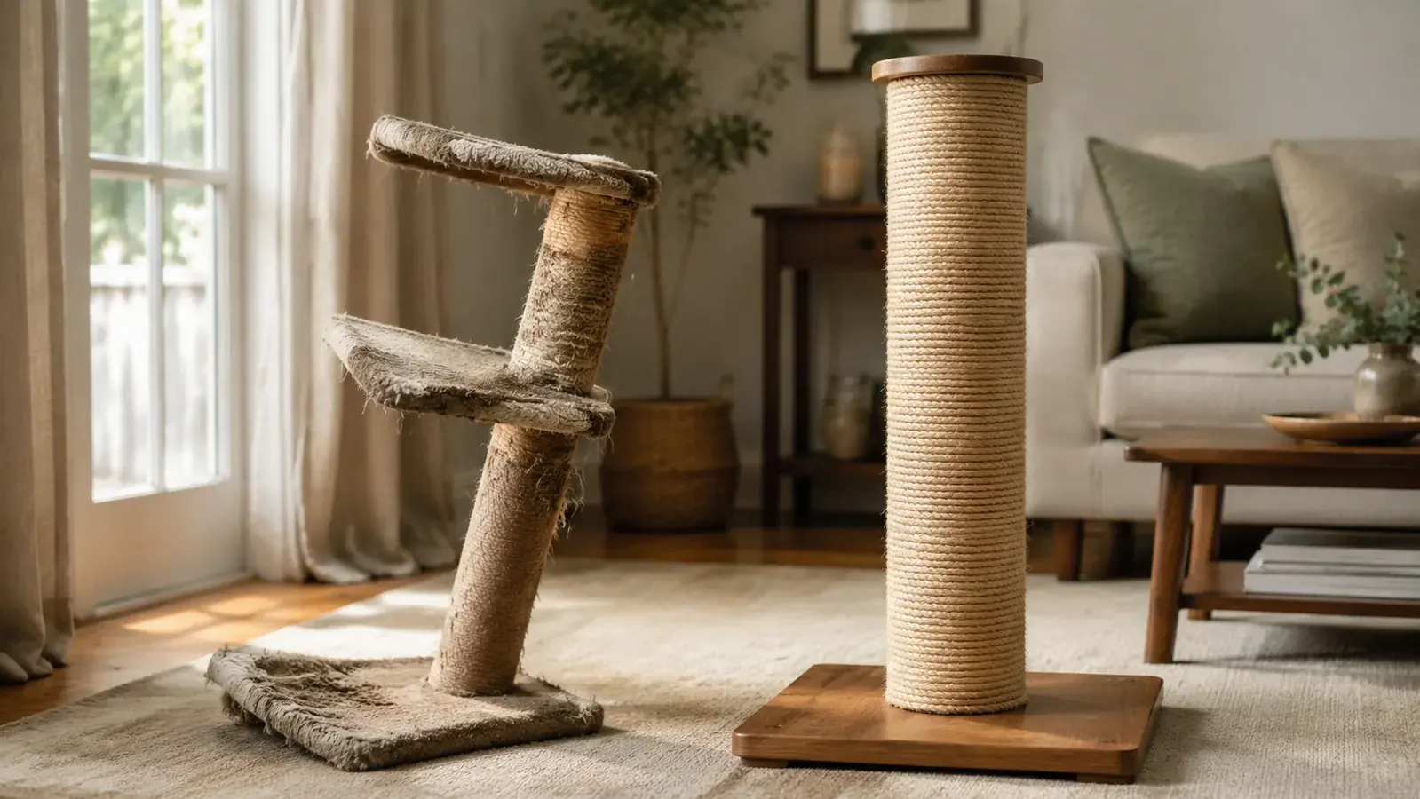 Two cat scratching posts side by side: a wobbly carpet-covered tower leaning at a tilt on the left and a tall sturdy natural sisal post on a heavy wood base standing straight on the right, in a bright room.