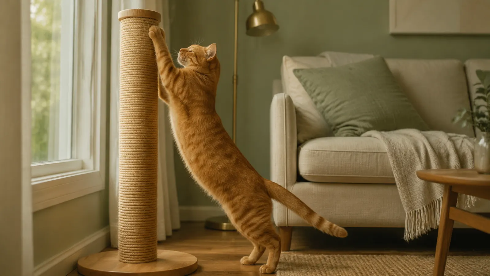 An orange tabby cat stretched full height against a tall natural sisal scratching post with a solid wood base, in a living room by a window with a beige couch behind, warm morning light.