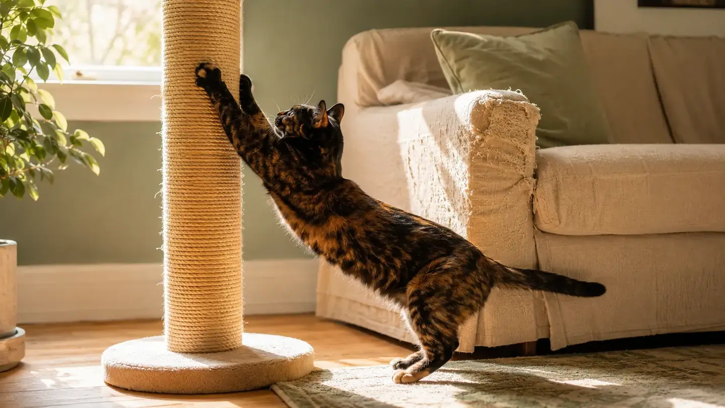 A tortoiseshell cat stretched full-length, front claws sunk into a beige sisal scratching post beside a linen sofa