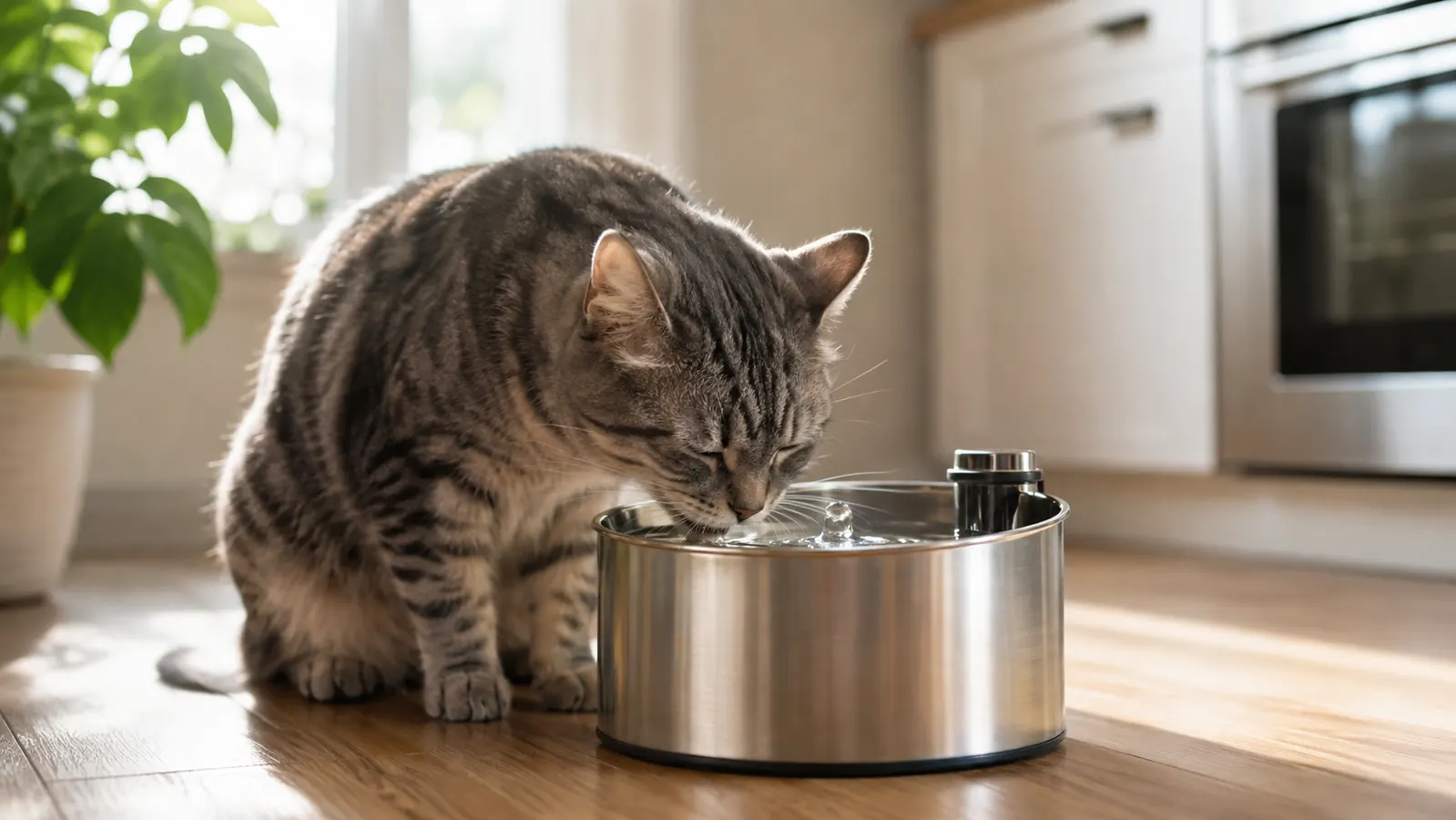 A gray tabby cat drinking from a stainless steel pet water fountain in a sunlit kitchen