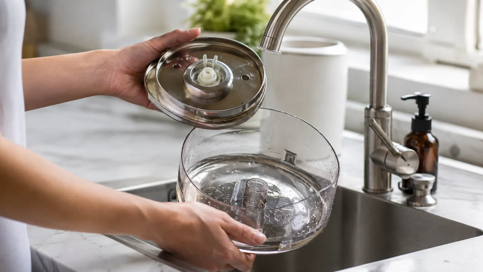 Hands lifting the stainless lid and plastic basin of a fountain over a kitchen sink to clean it