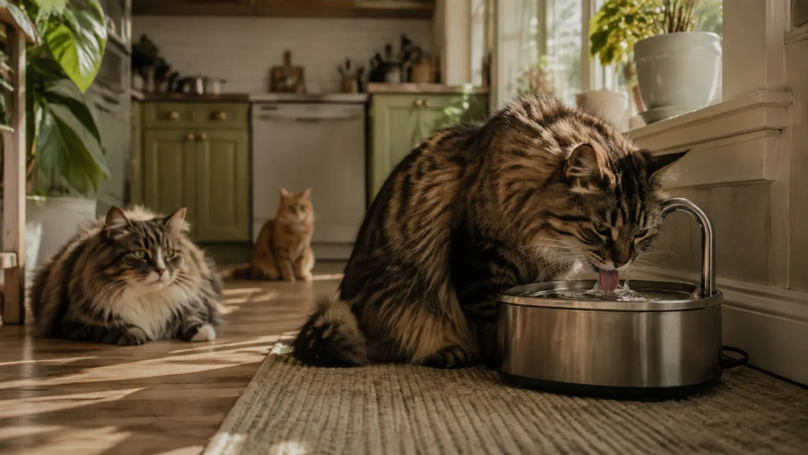 Three cats in a bright kitchen, one drinking from a stainless steel cat fountain near a sunlit window