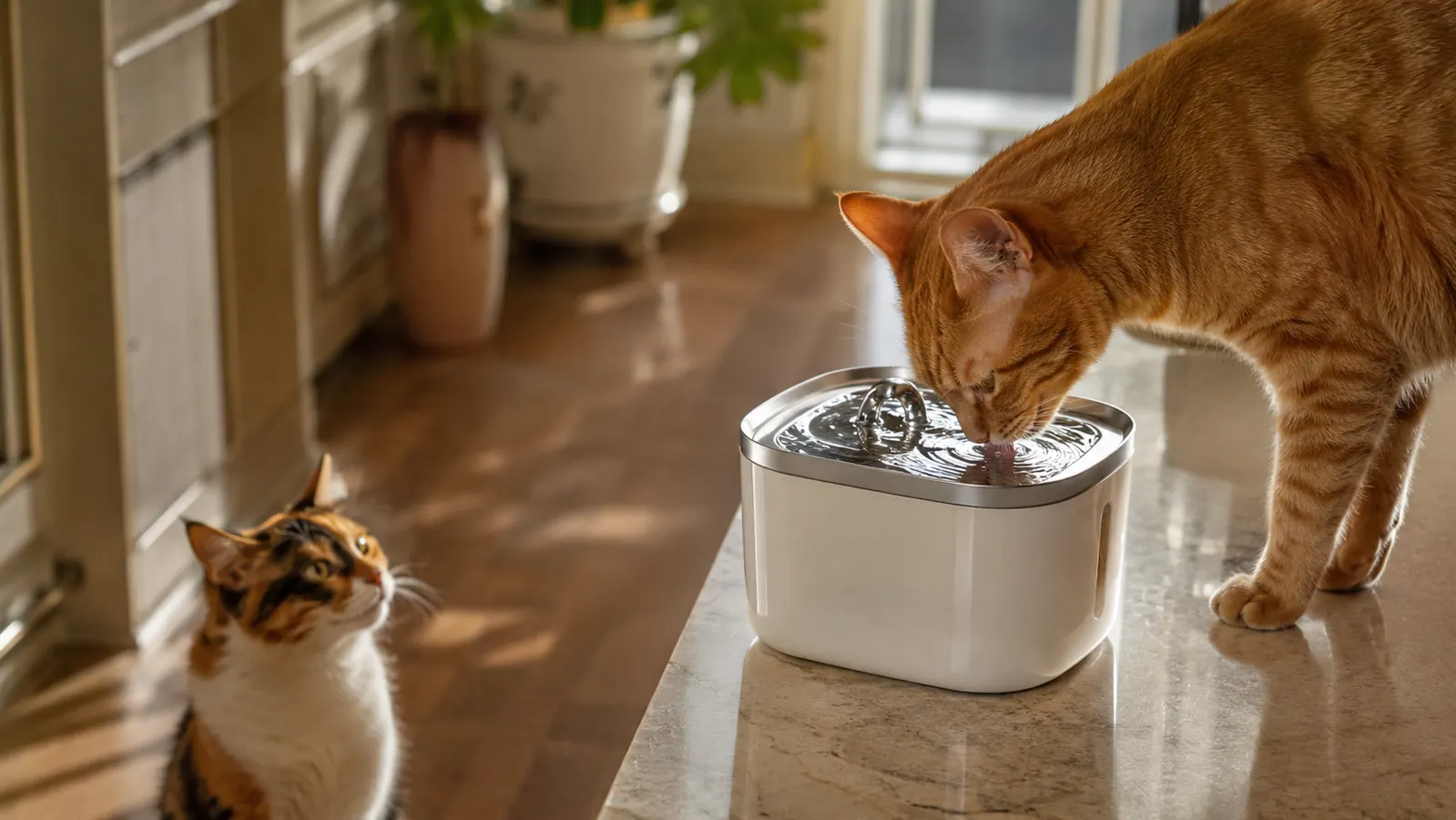Orange tabby cat drinking from a pet water fountain on a sunlit kitchen counter while a calico cat waits on the floor.