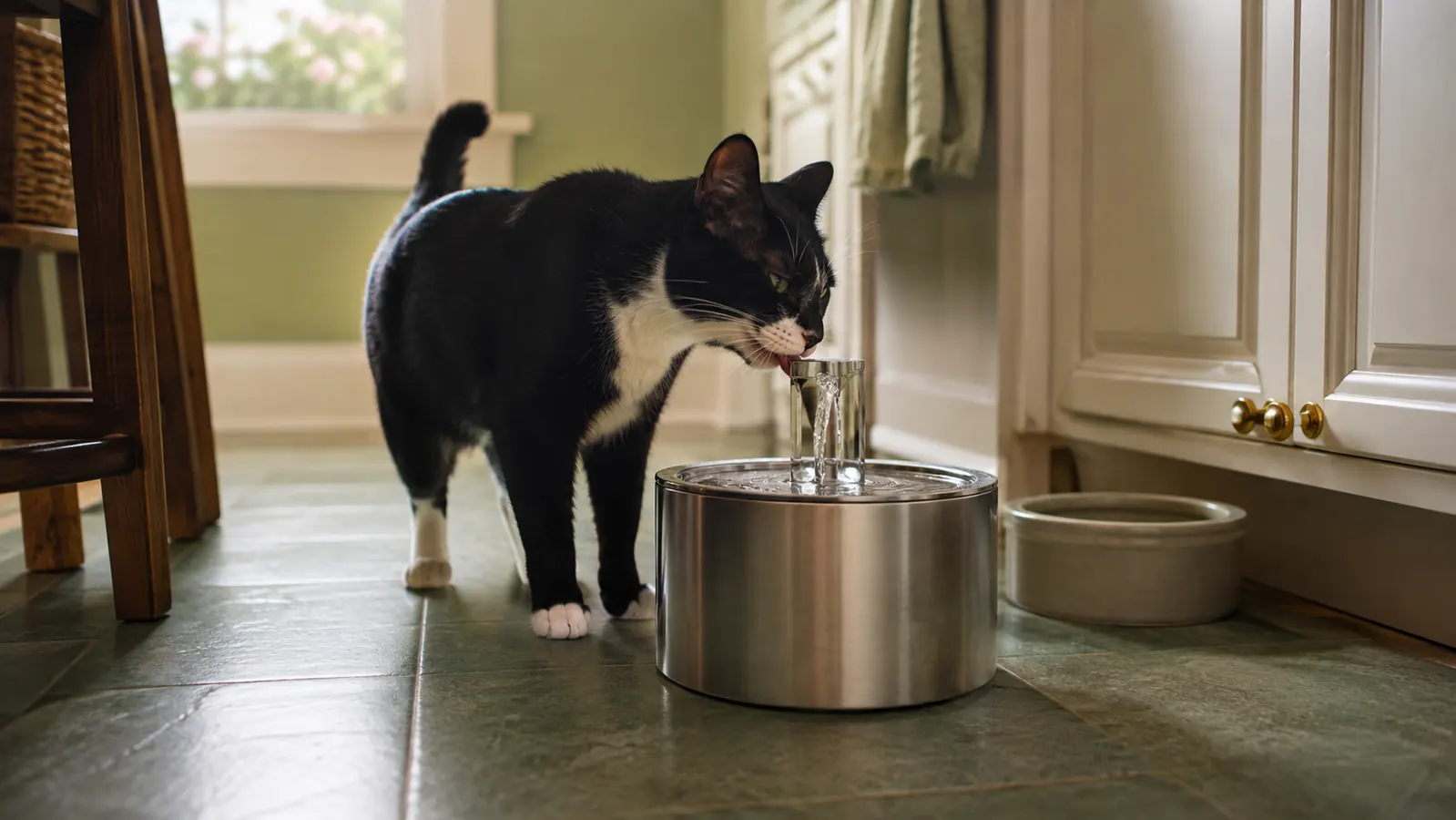 A tuxedo cat drinking from the stream of a small stainless steel pet fountain on a kitchen floor, a plain ceramic water bowl pushed to one side