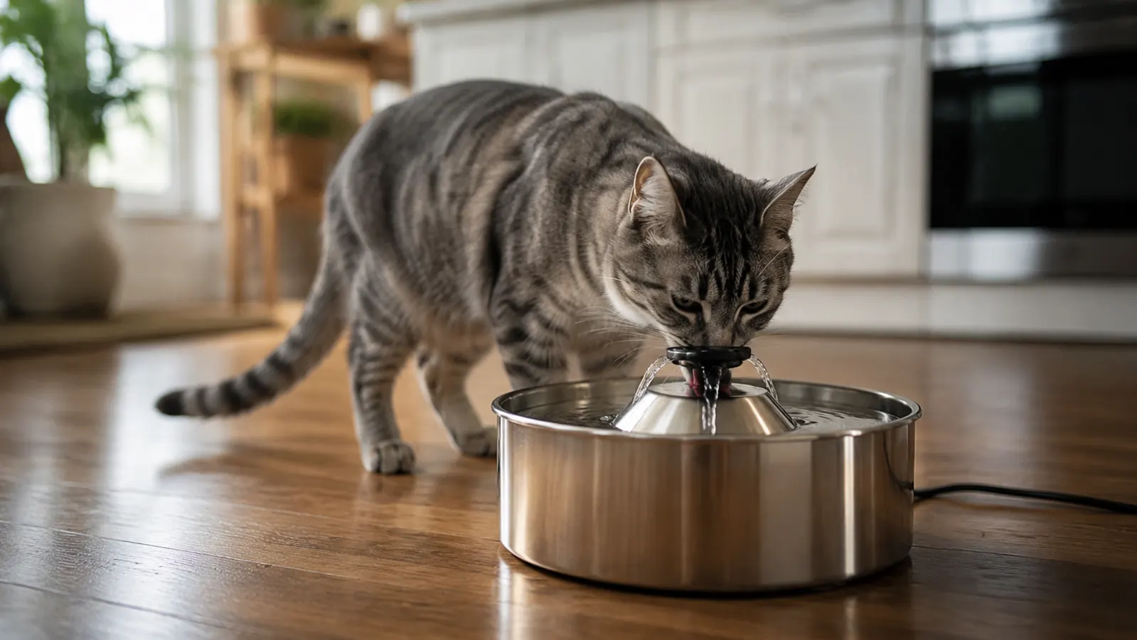 A grey tabby cat drinks from a stainless steel pet water fountain set on a wooden kitchen floor in warm morning light