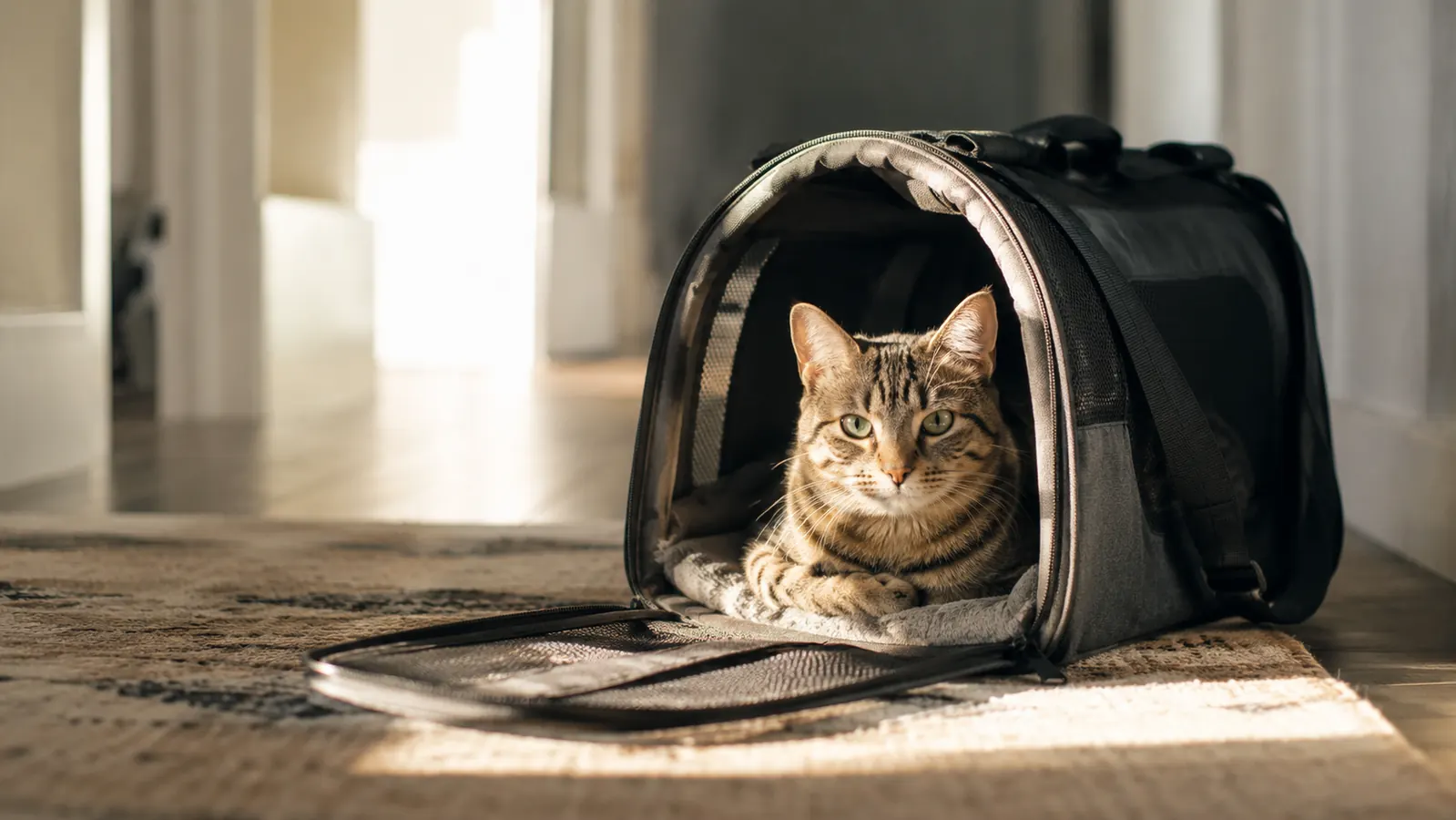 A calm tabby cat sitting inside an open soft-sided carrier on the floor of a sunlit hallway