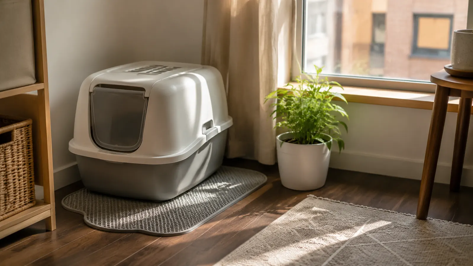 A tidy laundry-adjacent corner of a bright apartment with a hooded enclosed litter box, a small rug, and a softly lit window