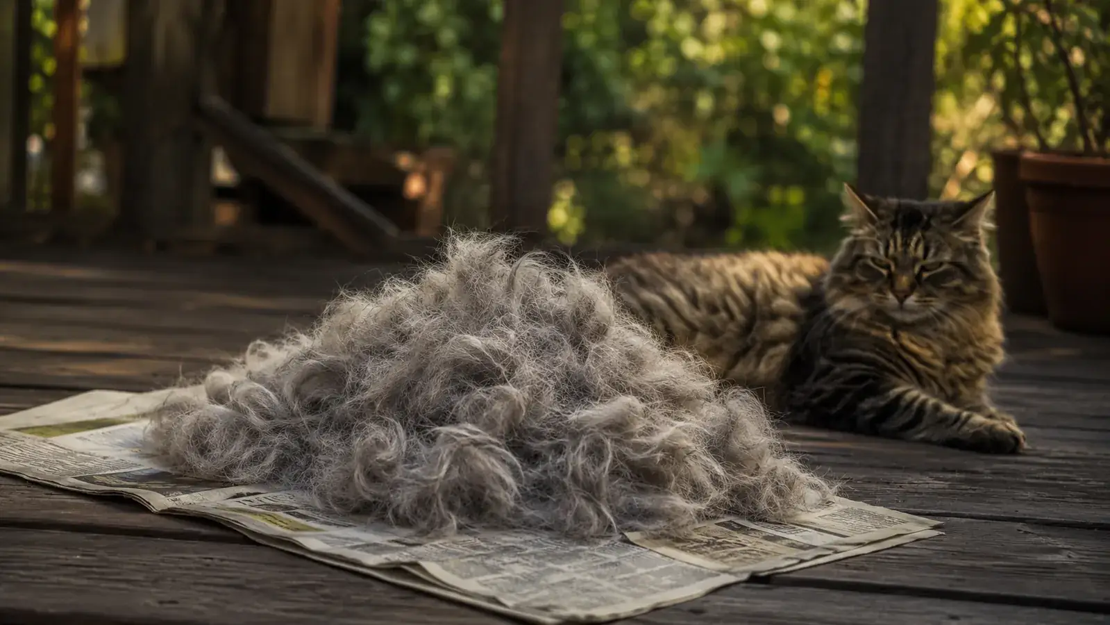 A tidy pile of gray undercoat fur combed onto a newspaper on a porch floor, one tabby cat lounging nearby in late summer light