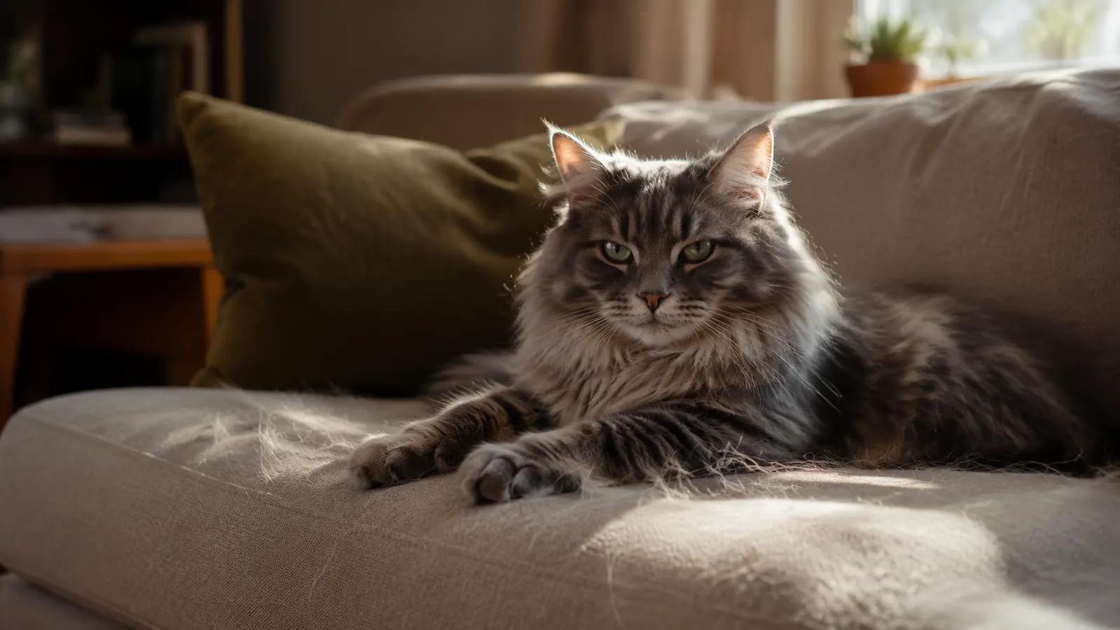 A long-haired gray tabby sitting on a linen sofa with loose fur on the cushion beside it, warm afternoon light through a window