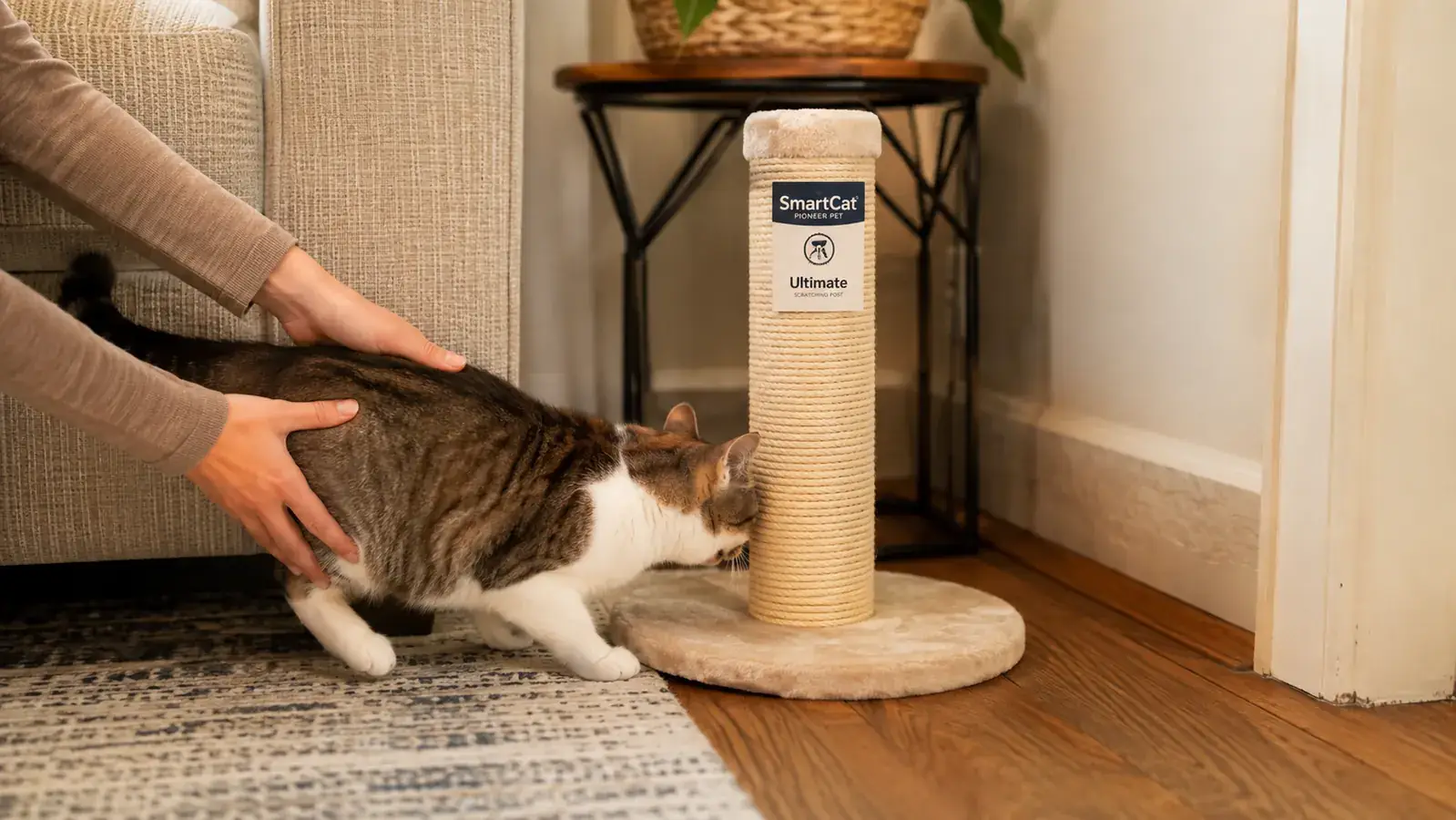 A hand guiding a cat toward a sisal post propped near a sofa corner