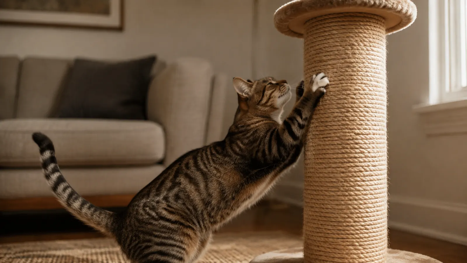 A tabby cat stretched tall against a sisal scratching post beside a leather sofa